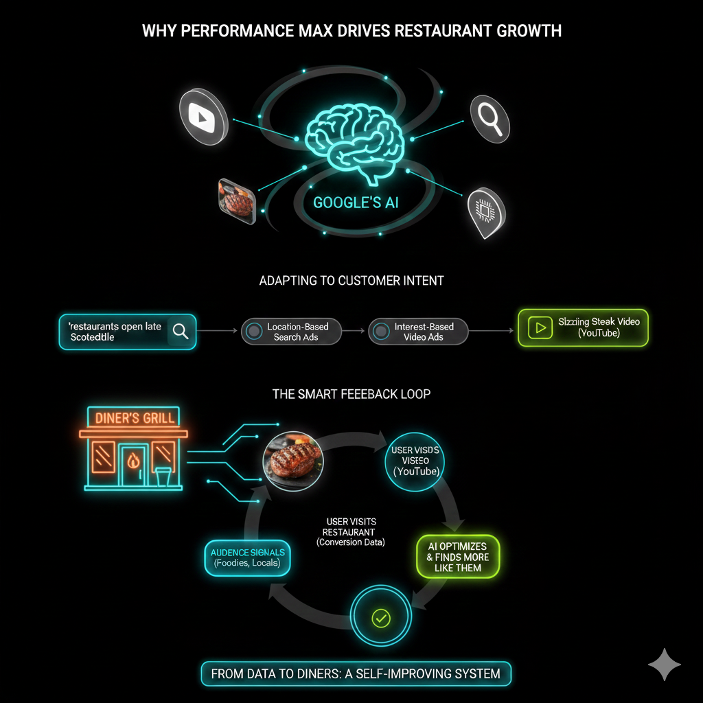 Why Performance Max drives restaurant growth - showing Google's AI adapting to customer intent from search queries to YouTube videos, and the smart feedback loop where audience signals lead to restaurant visits that feed conversion data back to AI optimization