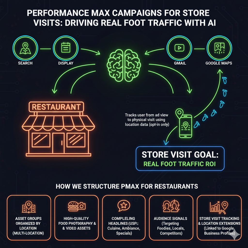 Performance Max Campaigns for Store Visits infographic showing how Google Ads AI drives real foot traffic to restaurants through Search, Display, Gmail, and Google Maps channels